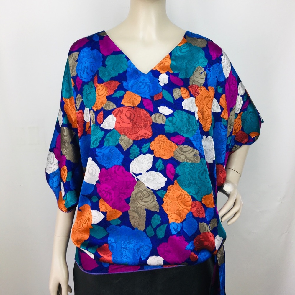 Vintage Floral Brocade Batwing Tie-Side Blouse